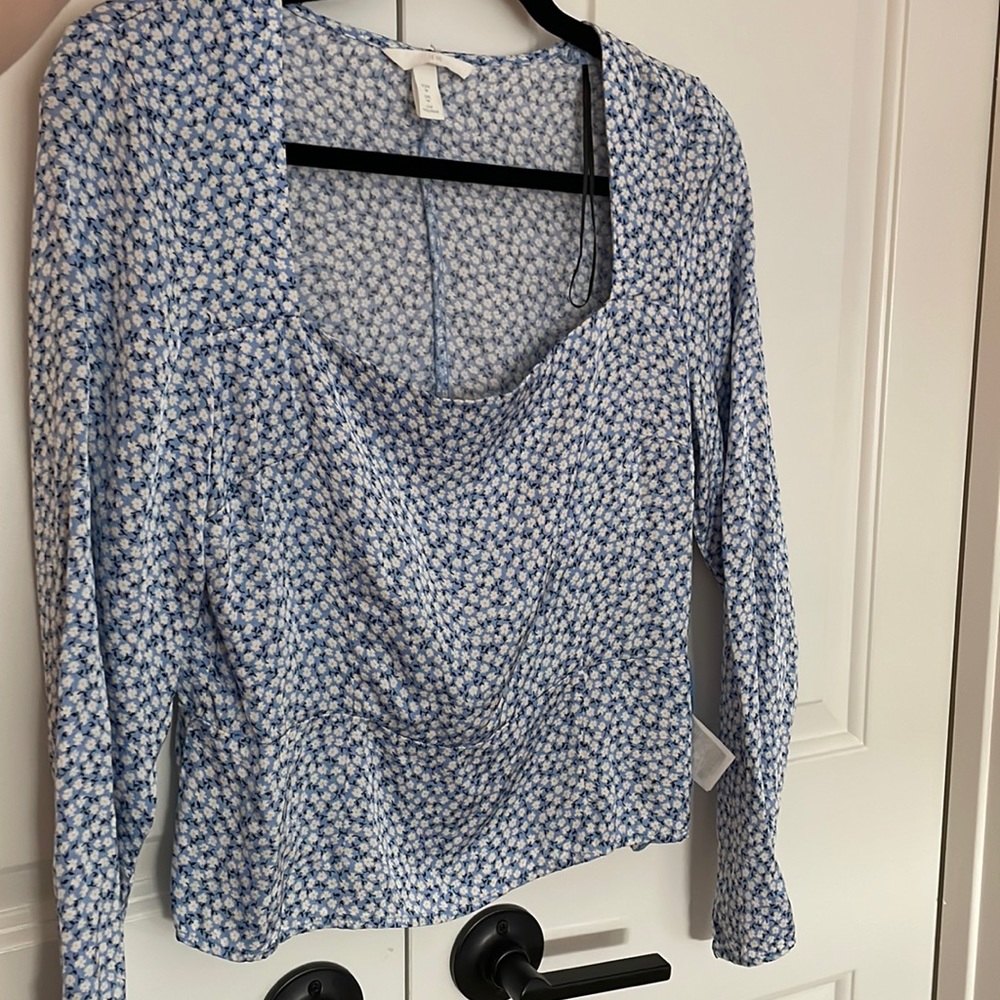 H&M blue floral square neck silk blouse